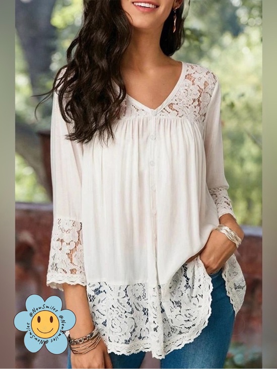 Kohl's Tops - Kohl’s ~ Lace Trim ~ V-Neck Blouse ~ White ~ Decorative Buttons